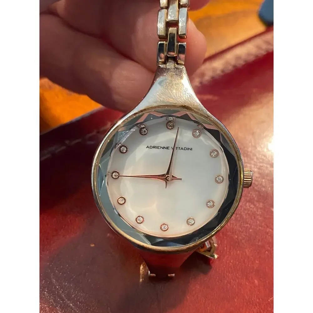 Women's 35mm Adrienne Vittadini Watch, Gold Tone, MOP Face, Crystal Time Markers